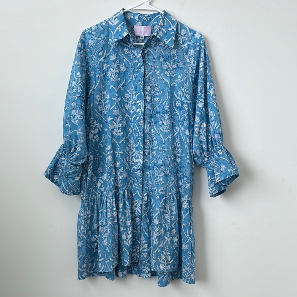 Michelle Farmer 100% Cotton Blue Floral Printed Mini Dress Size: M
